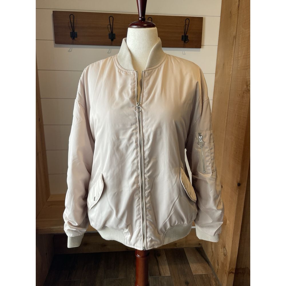 Beige Bomber Jacket Ruched Sleeves Zipper Front Sincerely Jules Light Spring